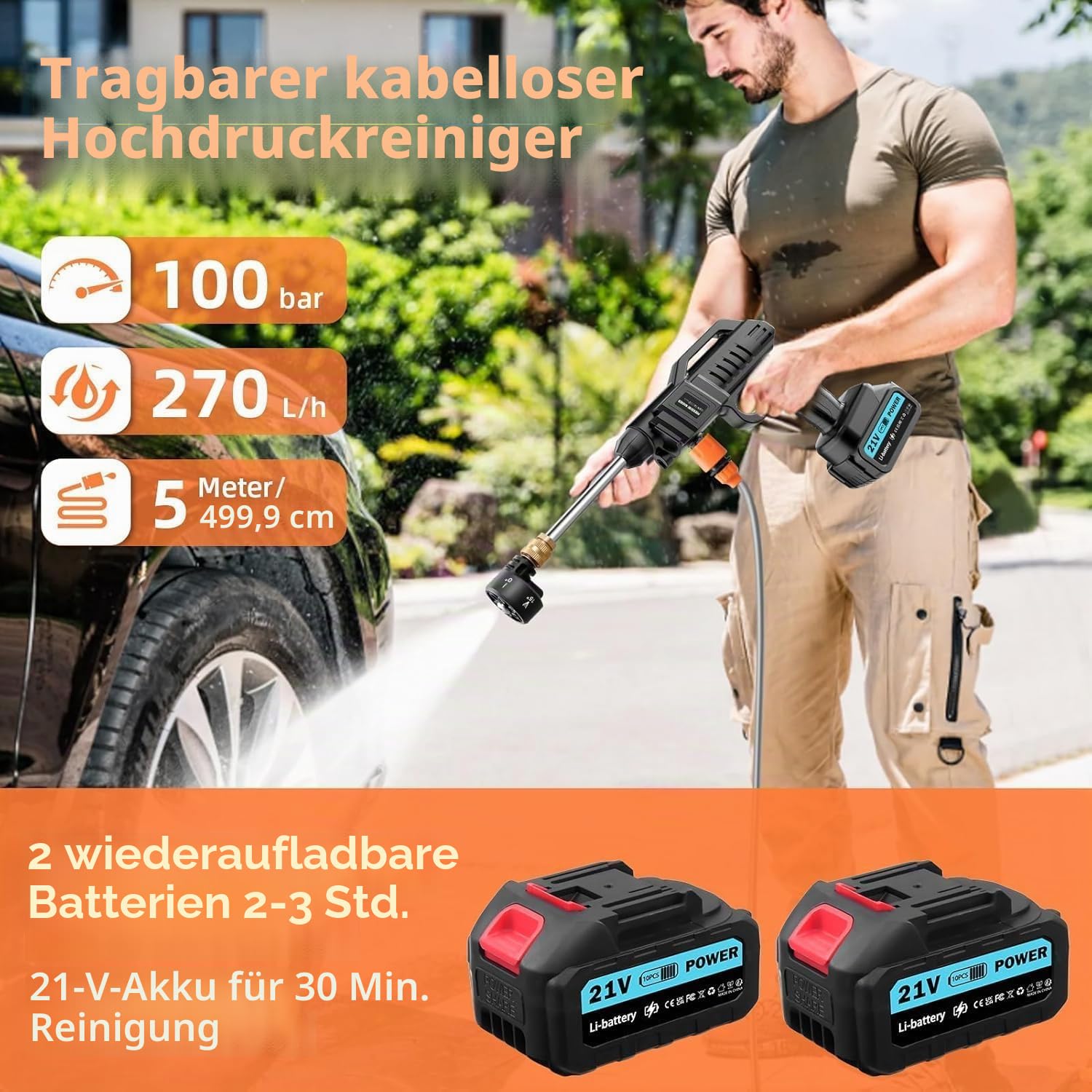 Akku Hochdruckreiniger 100Bar 270 L/H | Auto Tragbarer Pistole mit 2 x 3000mAh Akku | Waschpistole Mobiler 6 in 1 Verstellbare Düse 5M Schlauch für Terrasse Auto