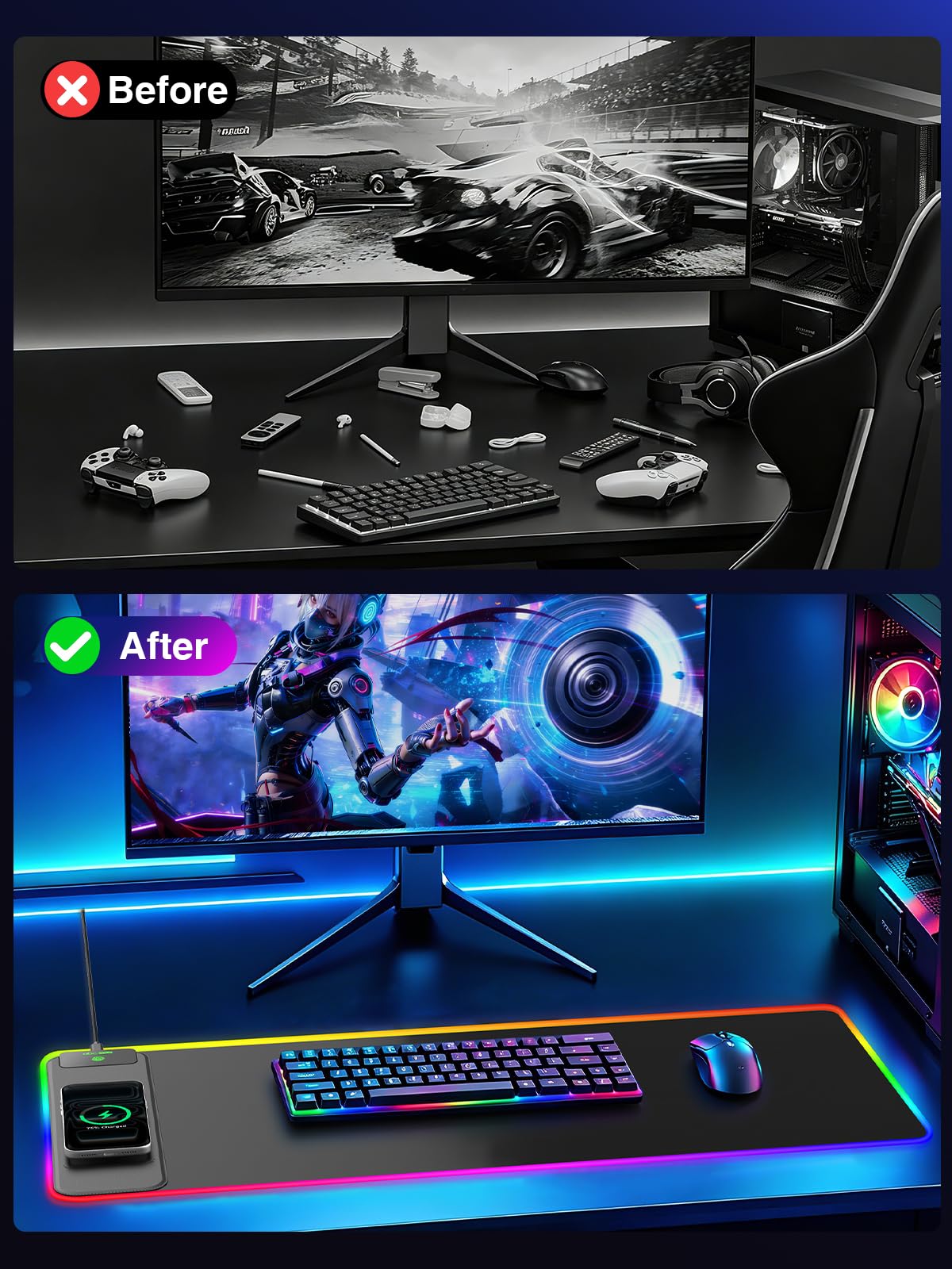 Tappetino per mouse da gioco RGB con ricarica wireless, 800 x 300 grandi, 24 effetti di luce, base antiscivolo, superficie ultra liscia impermeabile