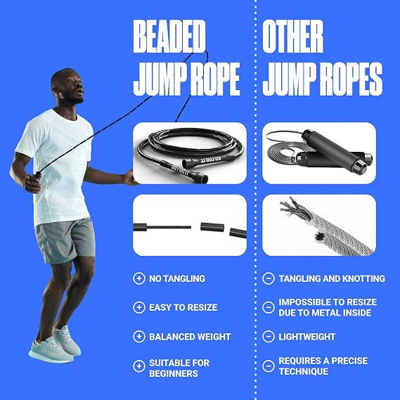 Sportbit Custom-Fit Beaded Jump Rope Adjustable Length for Kids & Adults, Men & Women Durable Fitness Rope for Gym & Home