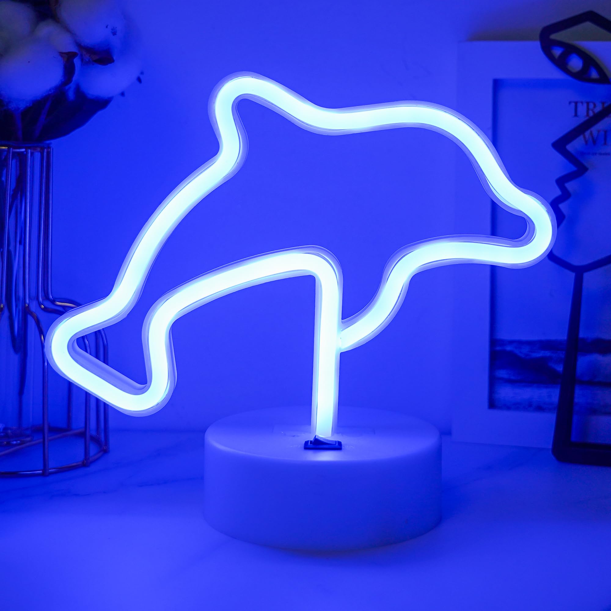 Segno al Neon LED, Segno Luminoso al Neon LED a Forma di Delfini Blu con Base di Supporto, Segno al Neon LED Alimentato a USB o a Batteria per Decorazioni da Festa in Camera, Matrimonio, Compleanno