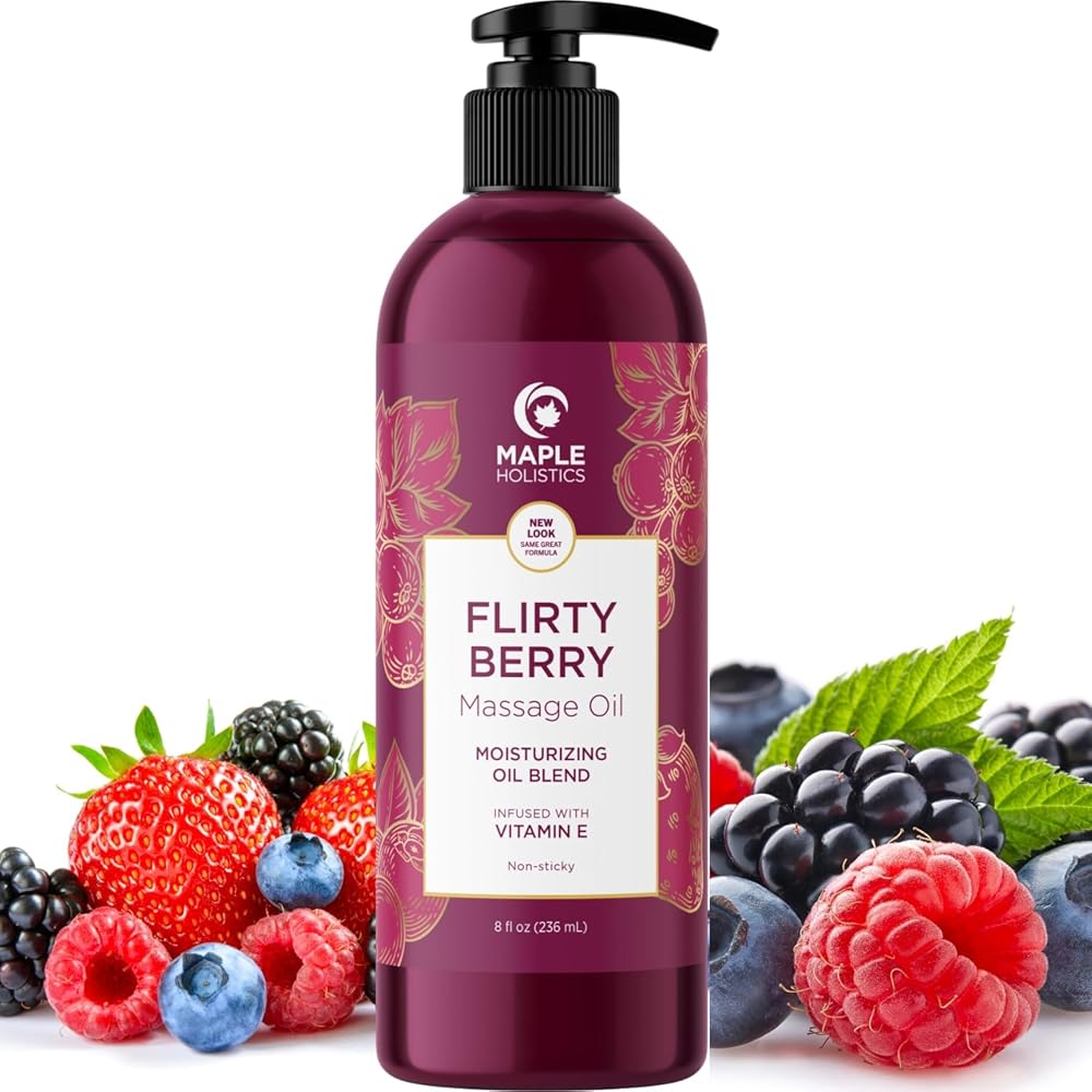 Berry Sensual Massage Oil for Couples - Fun and Fruity Full Body Massage Oil for Date Night with Smooth Gliding Coconut and Sweet Almond Oil with Tempting Berry Scent - Non GMO Gluten Free and Vegan
