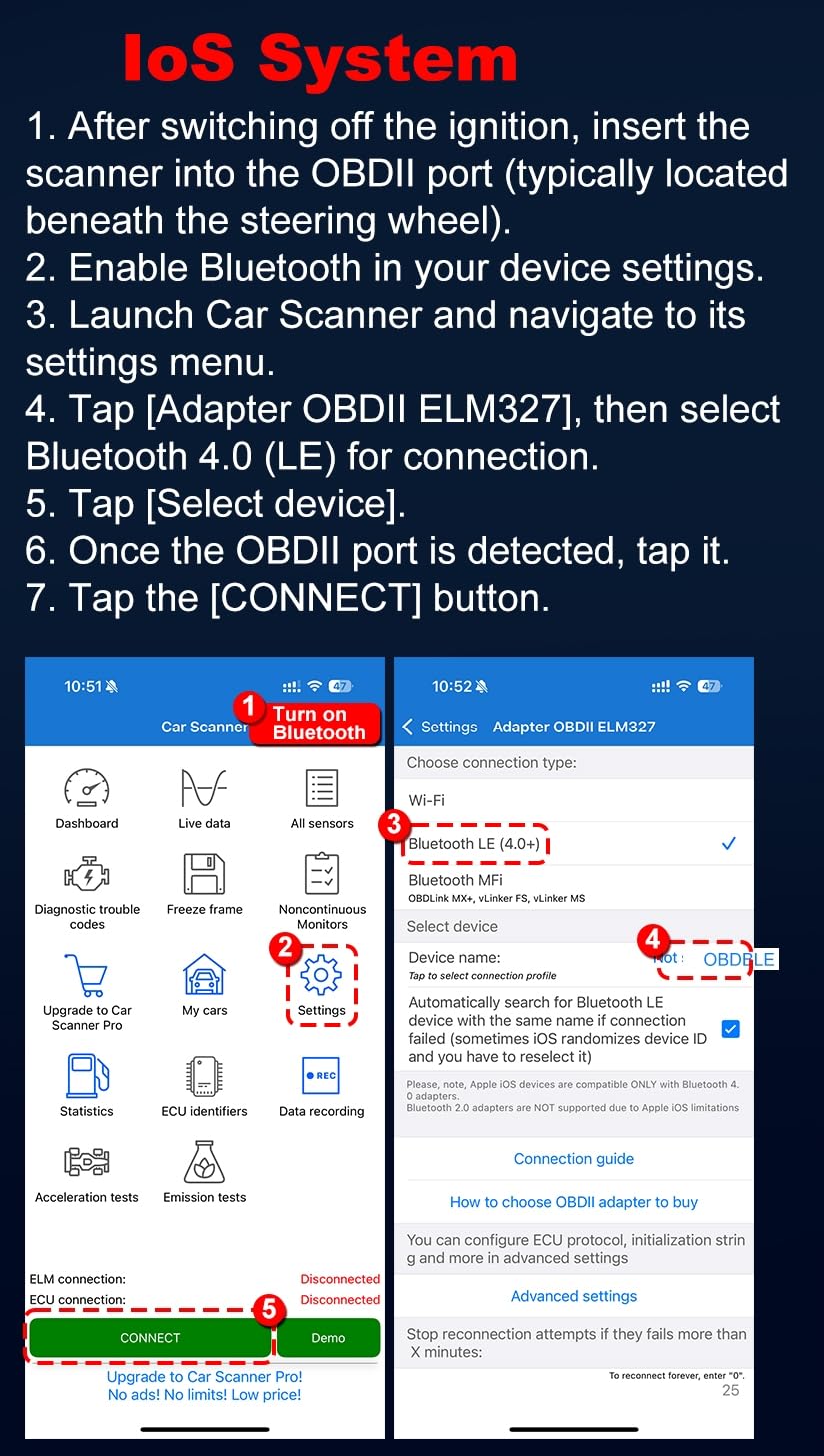 OBD2 Auto Diagnostica con 10+ Lingue, Bluetooth Diagnosi Auto Scansione dei Guasti del Veicolo, Scanner OBD2 per Auto con Protocolli Multipli per iOS, Android, Windows.