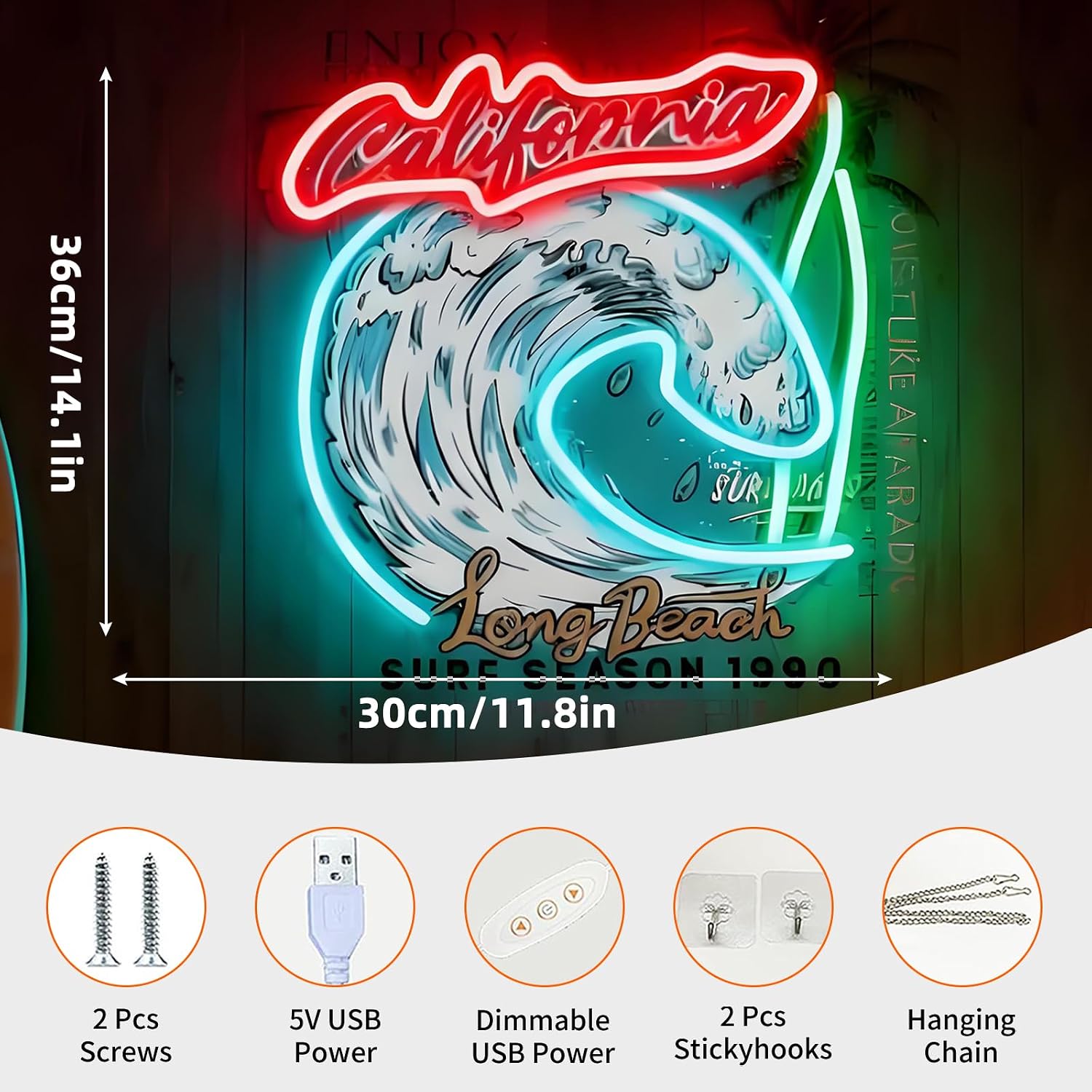 California Long Beach Surf Neon Sign, Beach Surfing Theme Neon Light, Coastal Home Room Bar Surf Club Gift Wall Table Decor, USB Powered Decorative Light 14.2 x 11.8 In