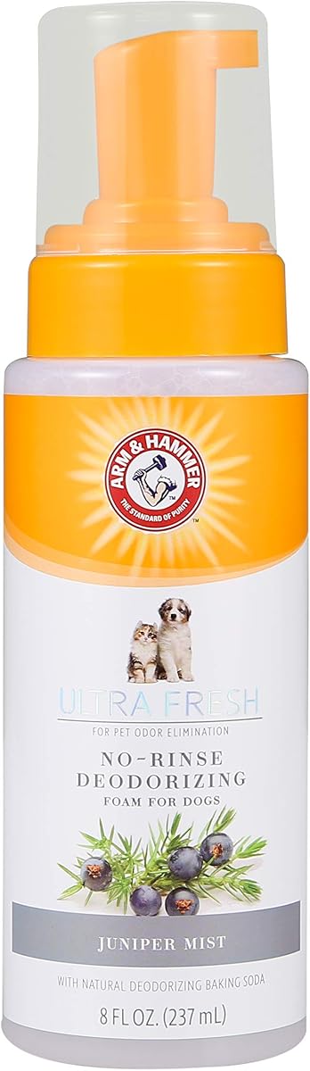 Espuma de champú para perros ultra fresca sin agua, niebla de enebro, 8 onzas líquidas | Espuma de bicarbonato de sodio, fórmula sin enjuague sin agua, aroma de niebla de enebro, uso diario en botella con dosificador