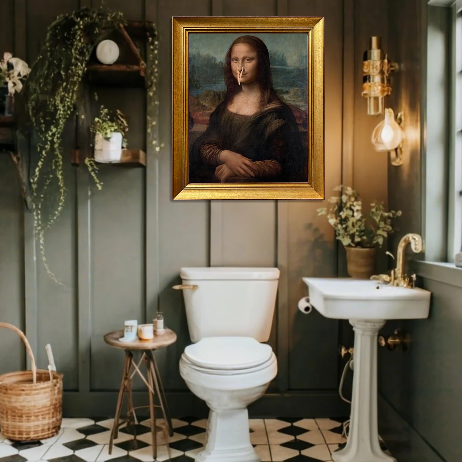 Mona Lisa Holding Nose Bathroom Art Vinatge Gold Framed Funny Bathroom Picture Famous Painting Prank Monalisa Print Poster
