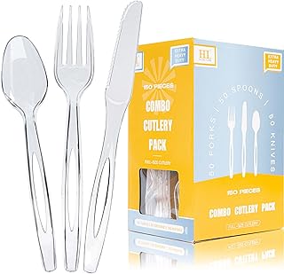 [150 Count] Disposable Plastic Cutlery Combo- HL HOME-LINK Clear Utensils Extra Heavy Duty 50 Forks 50 Spoons 50 Knives He...