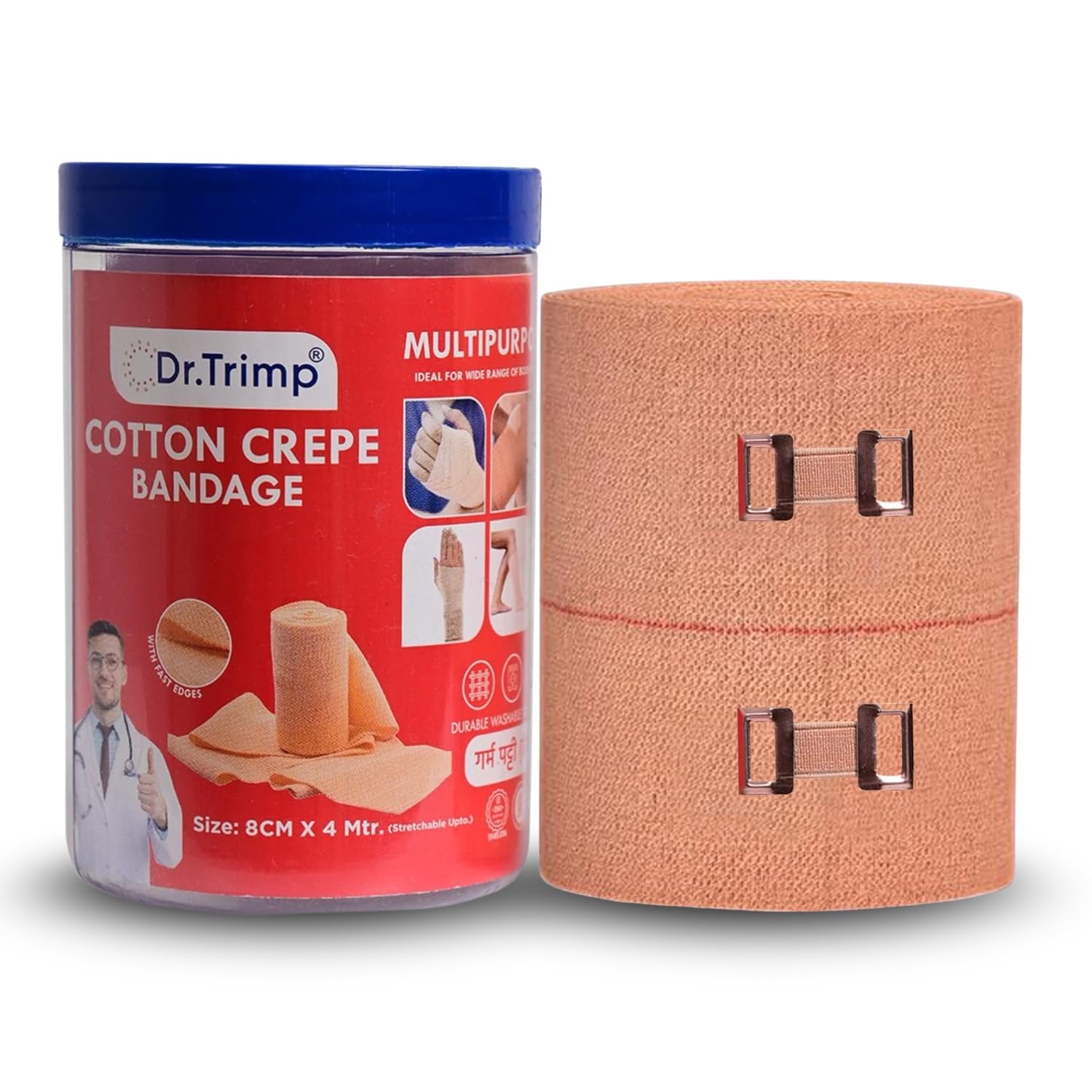 Dr.Trimp Cotton Crepe Bandage 8cm X 4mtr with Flexible 2 Clips | Pain Relief Garam Patti for Injury & Muscle Compression | Ideal for Hand, Leg, Wrist, Knee, Ankle, Thigh | Pack of 1
