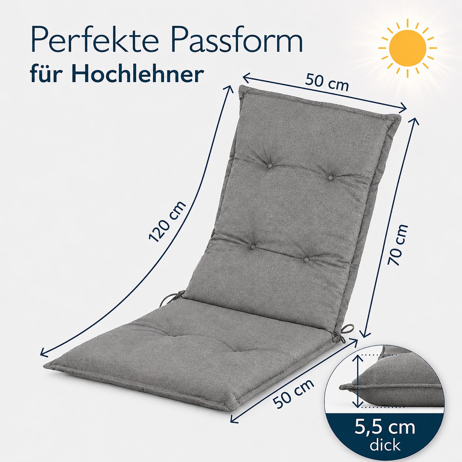 BURI 4 cojines para silla de jardín de 117 x 49 x 6 cm, resistente a la intemperie, con núcleo de espuma y vellón completo, cinta de sujeción y lazos, cómodo cojín para silla para balcón, terraza y