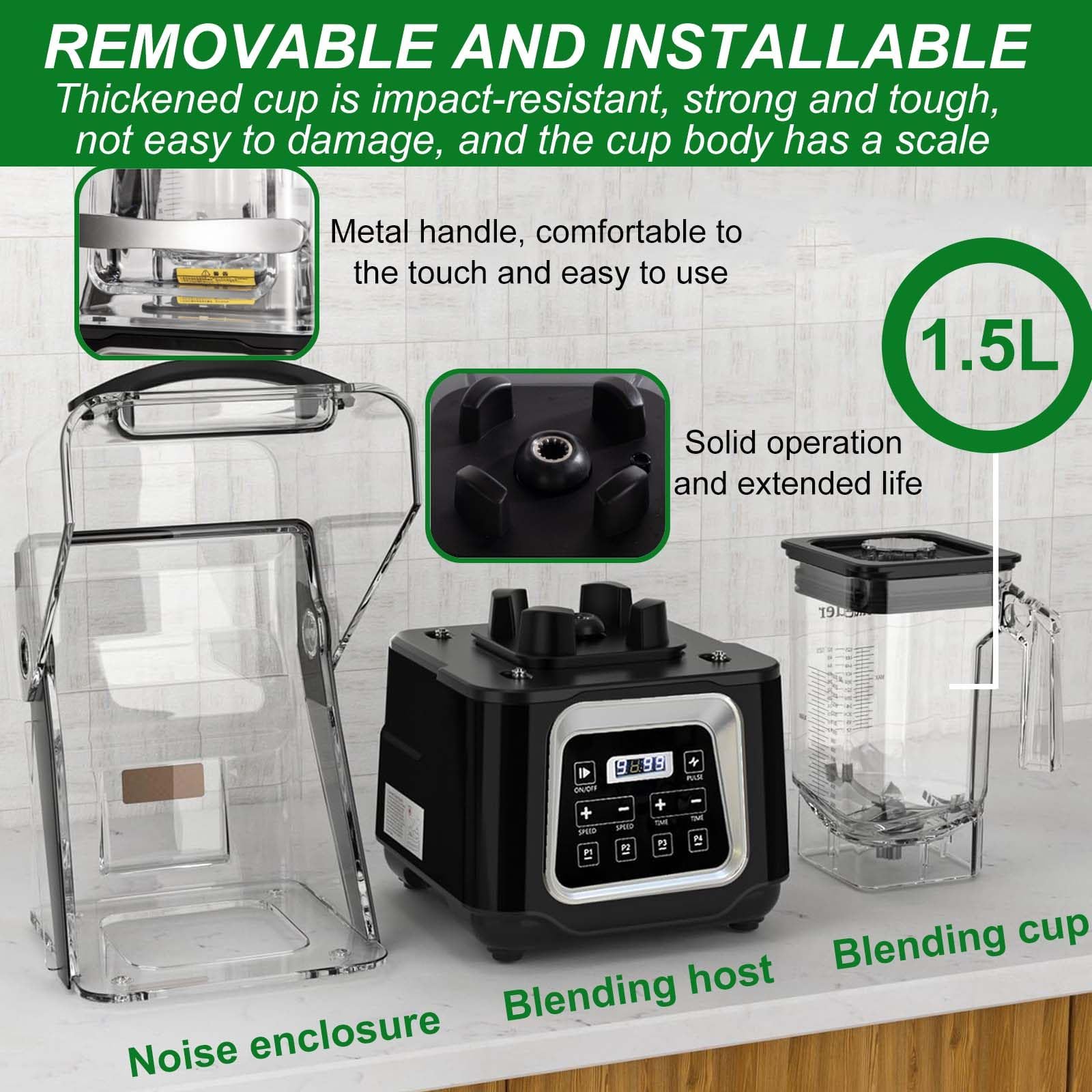 Frullatore Elettrico Insonorizzato da 2200 W per Frullati, Frullatore Professionale da Banco Rimovibile, Contenitore da 52 Once, per Frullati E Smoothies