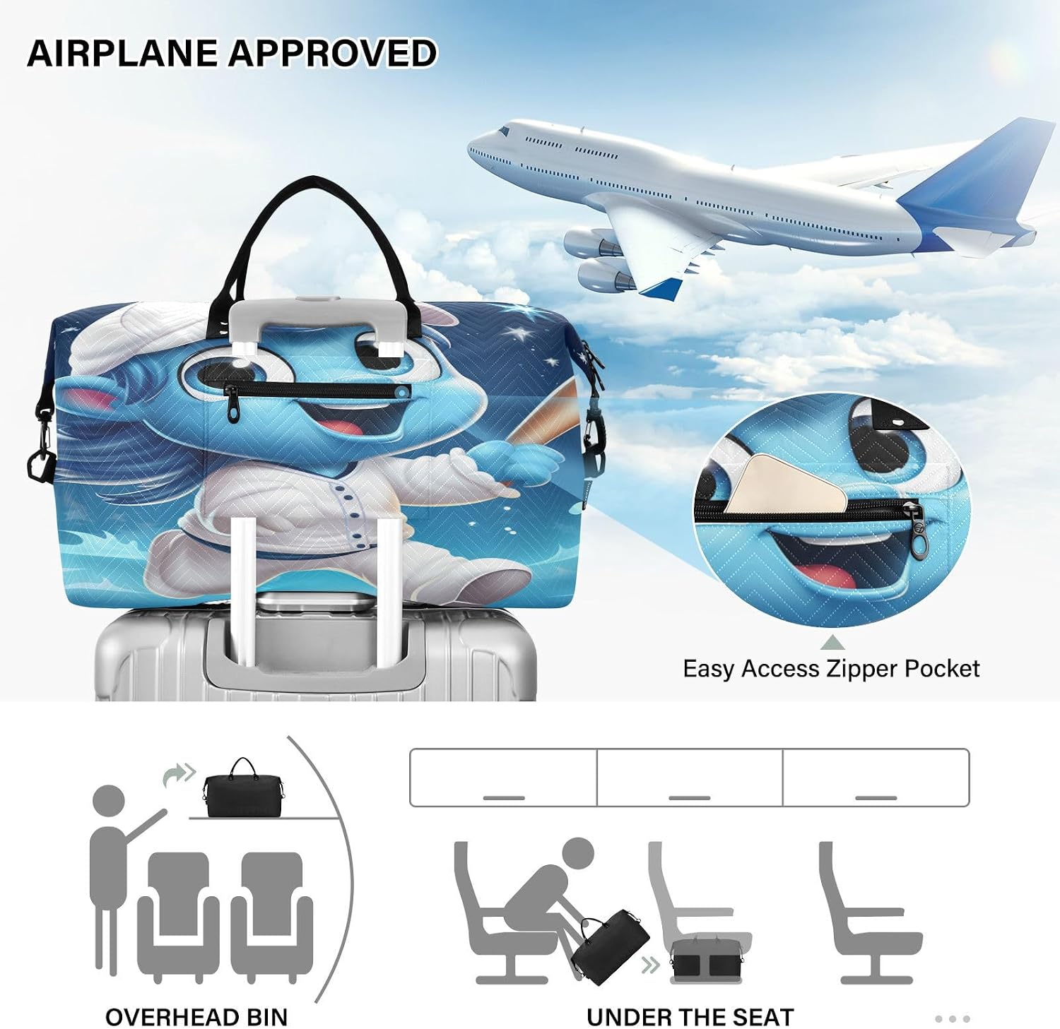 Cute Blue Sports Unicorn Travel Duffel Bags Gym Bag Weekender Handbag with Toiletry Bag for Women Girls Men
