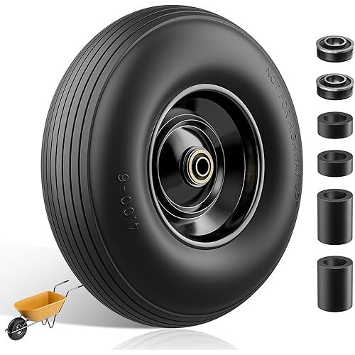 Wheelbarrow Wheel 4.00-6 tire 13"Flat Free Wheelbarrow Tires, Solid Wheel barrow Wheels and tires Replacement 5/8"3/4" Bearings, 1.75" Center Hub, Fits Garden Cart, Dolly, Hand Truck, Trailer, Wagon