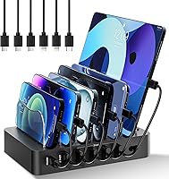 CLEVERBRIGHT 68W 6-Port Charging Station with 6 Cables & 20W Fast Charger for iPhone iPad Android Phones - Black Dock