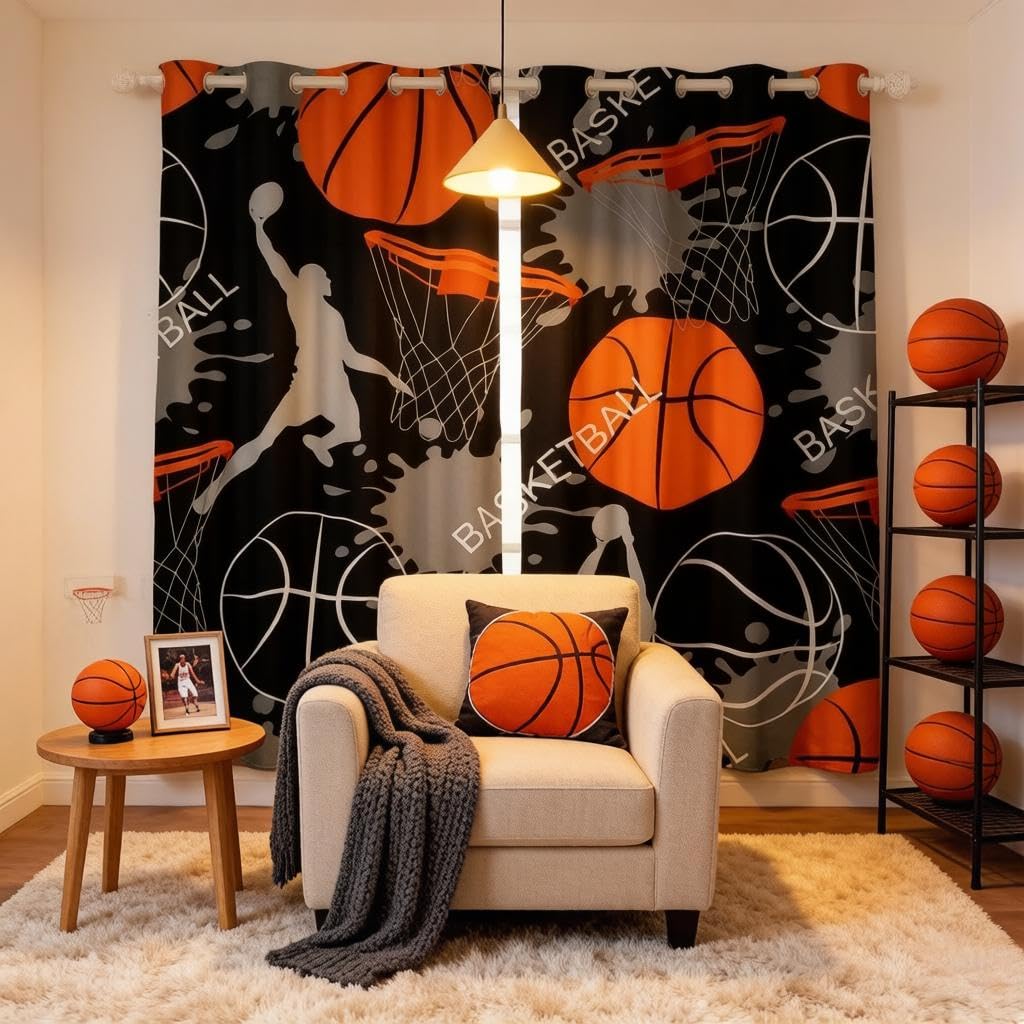 Loussiesd Rideaux de Basket-Ball Rideaux de Fenêtre à Thème Sport pour Enfants Adultes Motif de Boule 3D Traitements de Fenêtre Athlète Compétitif Rideau de Fenêtre Décor de Chambre L46 x L54