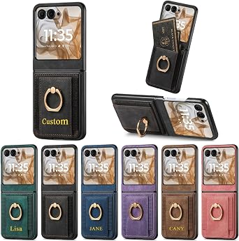 Custom Leather Case for Moto Razr 60 Ultra/Moto Razr Ultra 2025 with Card Holder Personalized Phone Case with Name Initials Monogram Shockproof Ring Holder Stand Cover Black
