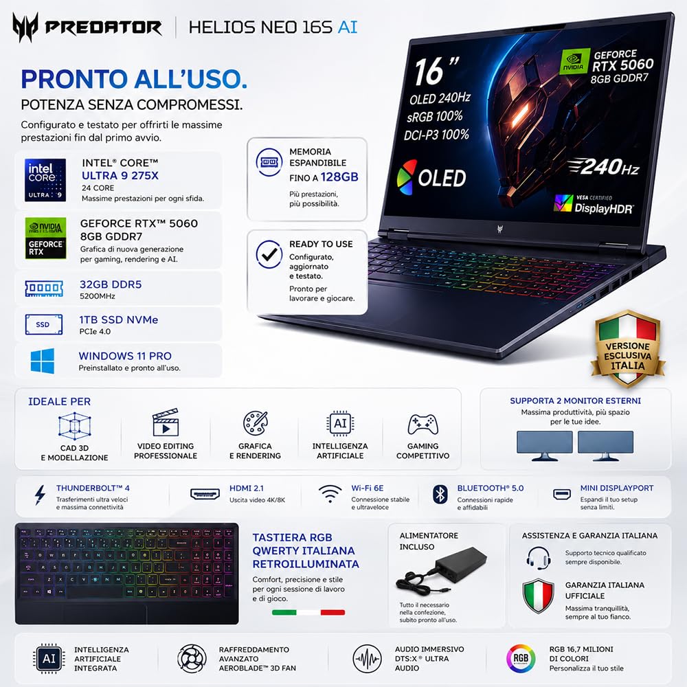 Acer Predator Helios Neo 16s Ai Ultraslim Oled 240Hz Limited Edition | Intel Ultra 9-275HX 24core, RAM DDR5 32GB, SSD 1TB, 16" DCI-P3 100%, GeForce RTX 5060 8Gb, thunderbolt, Ready To Use