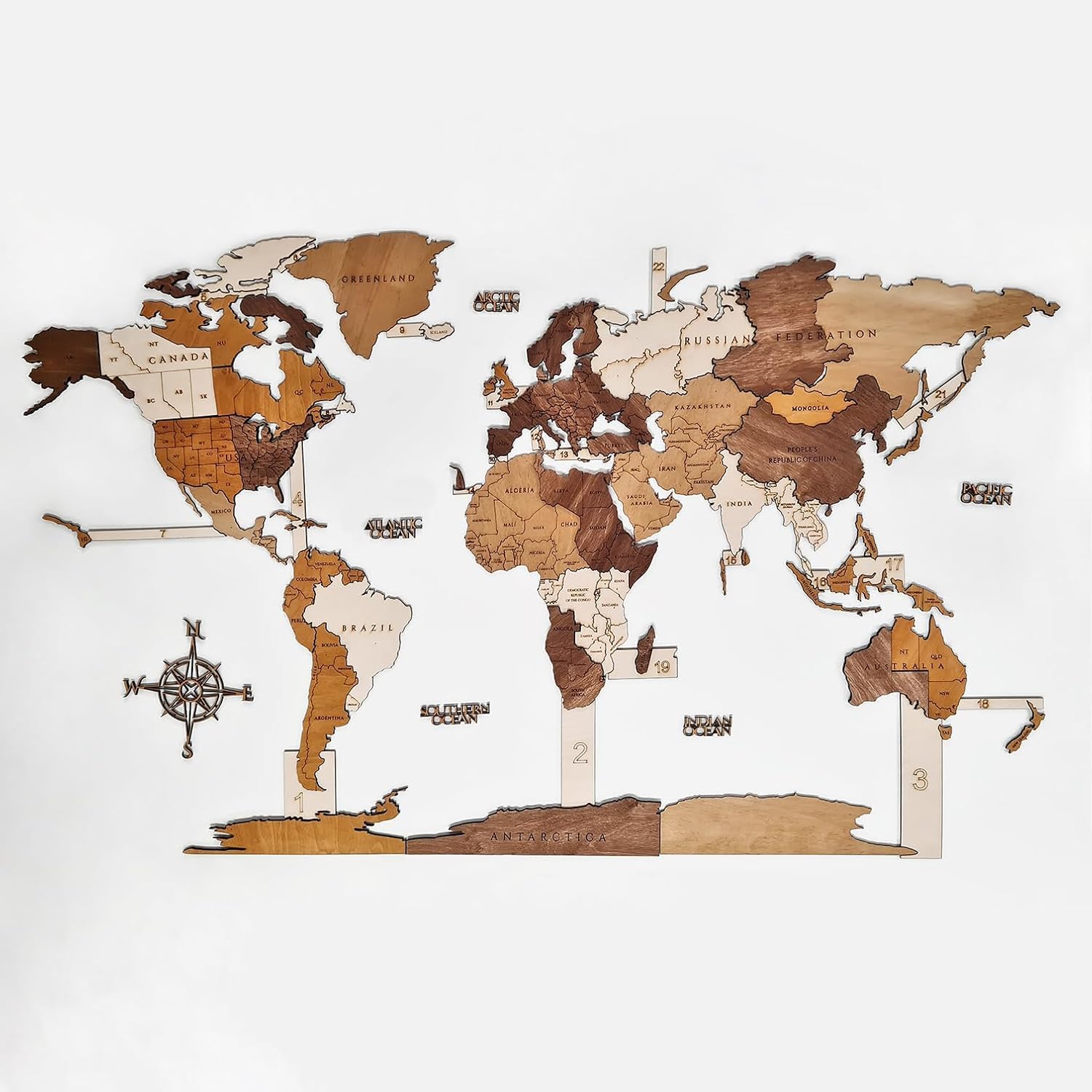 AREDE - Mapa del mundo de madera 3D para pared -120 x 75 cm - Decoración mural moderna para salón, oficina, dormitorio - Idea regalo original - Diseño elegante con detalles preciso