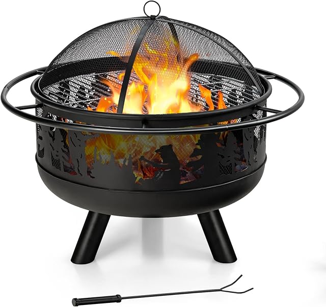 COSTWAY 77cm Large Fire Pit Bowl, 2 in 1 Wood Burning Firepit Brazier with Cooking Grill, Spark Guard and Fire Poker, Round Metal Log Heater Burner for Outdoor BBQ Camping Party