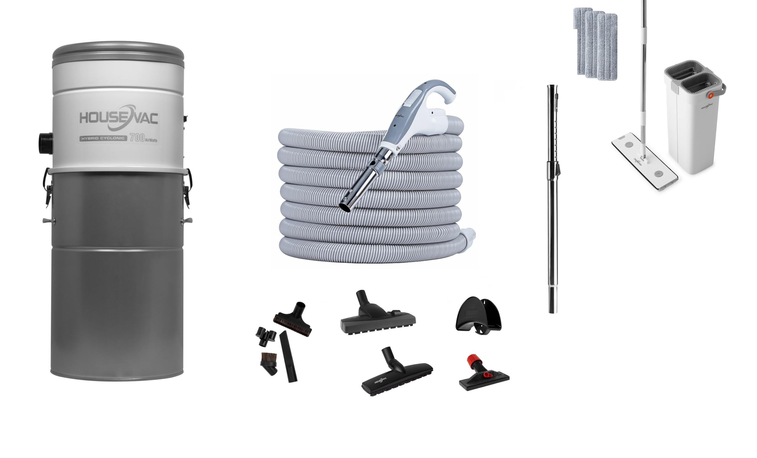 Zentralstaubsauger Staubsaugeranlage HV-700ST-35H Zentralstaubsauger Set mit 12m Schlauch zubehör 700 AirWatts Ametek Motor-1700W 2 Turbinen Soft Start/Stop Hybridzyklonfiltration