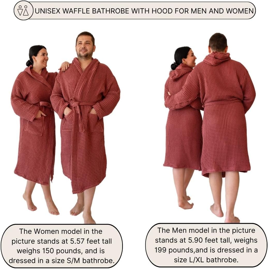 Unisex Hooded Waffle Robe for Women & Men 100% Turkish Cotton | Quick-Dry Bathrobe | Cozy Housecoat for Lounging