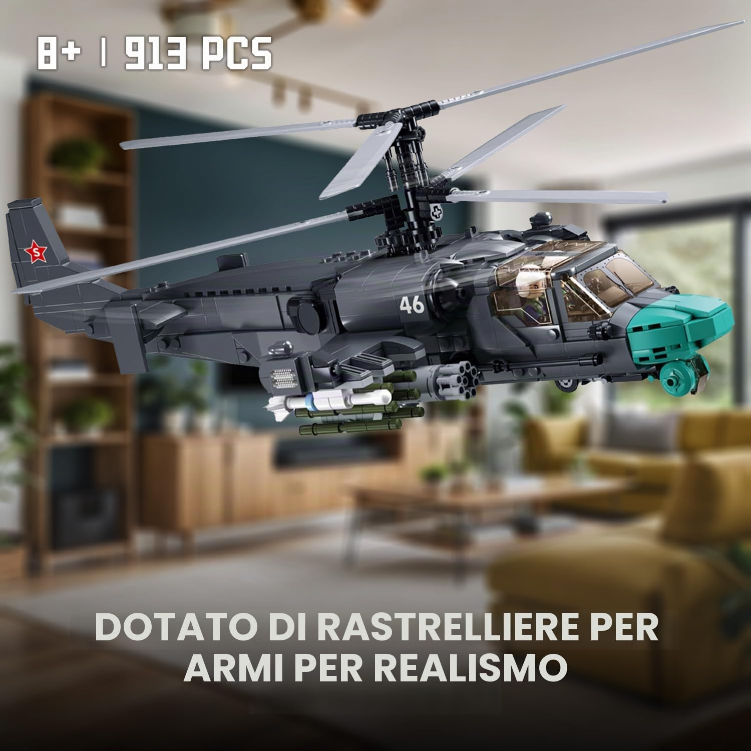 Kamov Ka-52 Elicottero da Ricognizione e Attacco Giocattolo da Costruzione - Set dell'Esercito con 913 Pezzi, Scala 1:30, Include 2 Soldatini - Divertimento per Bambini e Adulti