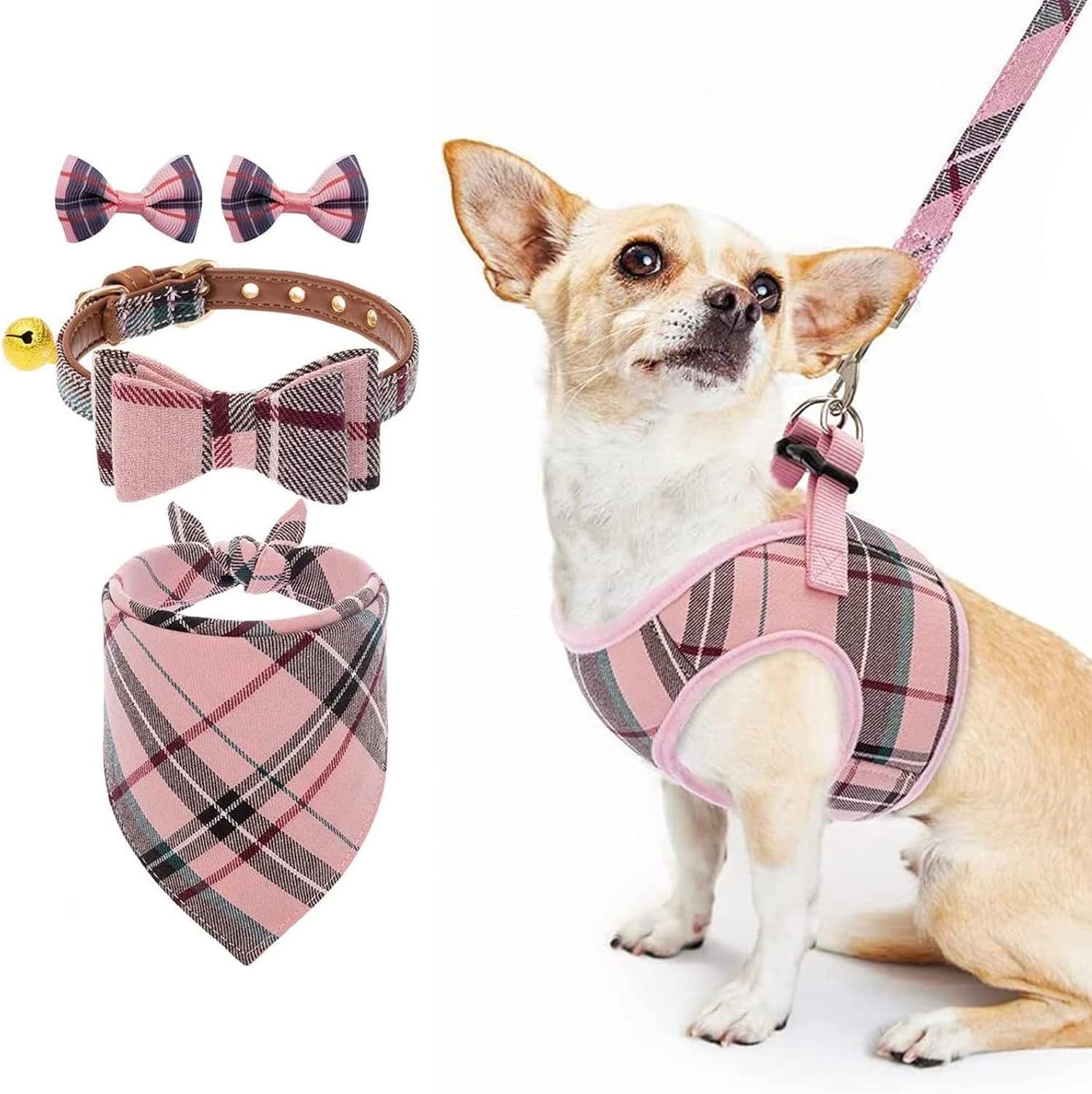PUPTECK Soft Mesh Small Dog Harness with Leash and Bow Tie Dog Collar with Bell Set - Basic Plaid Padded Step-in Chest Vest for Kitties, Puppy, Small Pets, Classic Plaid Bandana Triangle Bibs Scarf Ac
