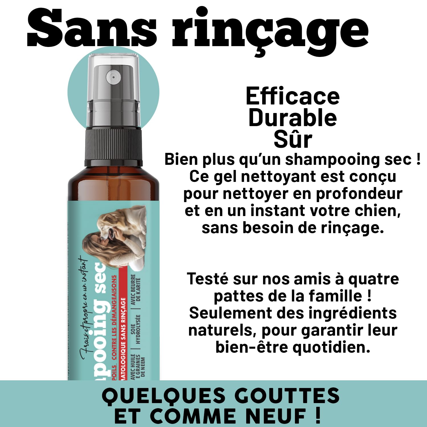 MyPetPrime Shampooing Sec en Gel pour Chiens | sans Rinçage | Anti-Odeur | Dermatologique | Hygiénique, Anti-Démangeaisons | avec Huile de Graines de Neem | pour Toutes Races | Fabriqué en Italie