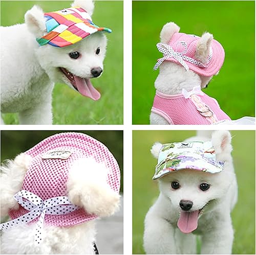 Miniatura 4 de YAODHAOD Gorra de princesa de ala redonda para mascotas, gorra de protección solar porosa transpirable con agujeros para las orejas y correa