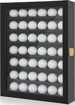 Golf Ball Display Case, Solid Wood Golf Ball Holder, Wall Mounted Golf Ball Rack with Acrylic Door for Golf Enthusiasts Black, for 42 Golf Balls