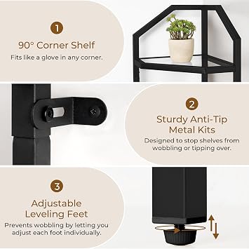 Dreamland 5-Tier 70in Metal Corner Shelf Pack of 1, Black | Metal Frame, Wood Display Shelf, Standing Book Shelf, Storage Organizer, Living Room, Bedroom