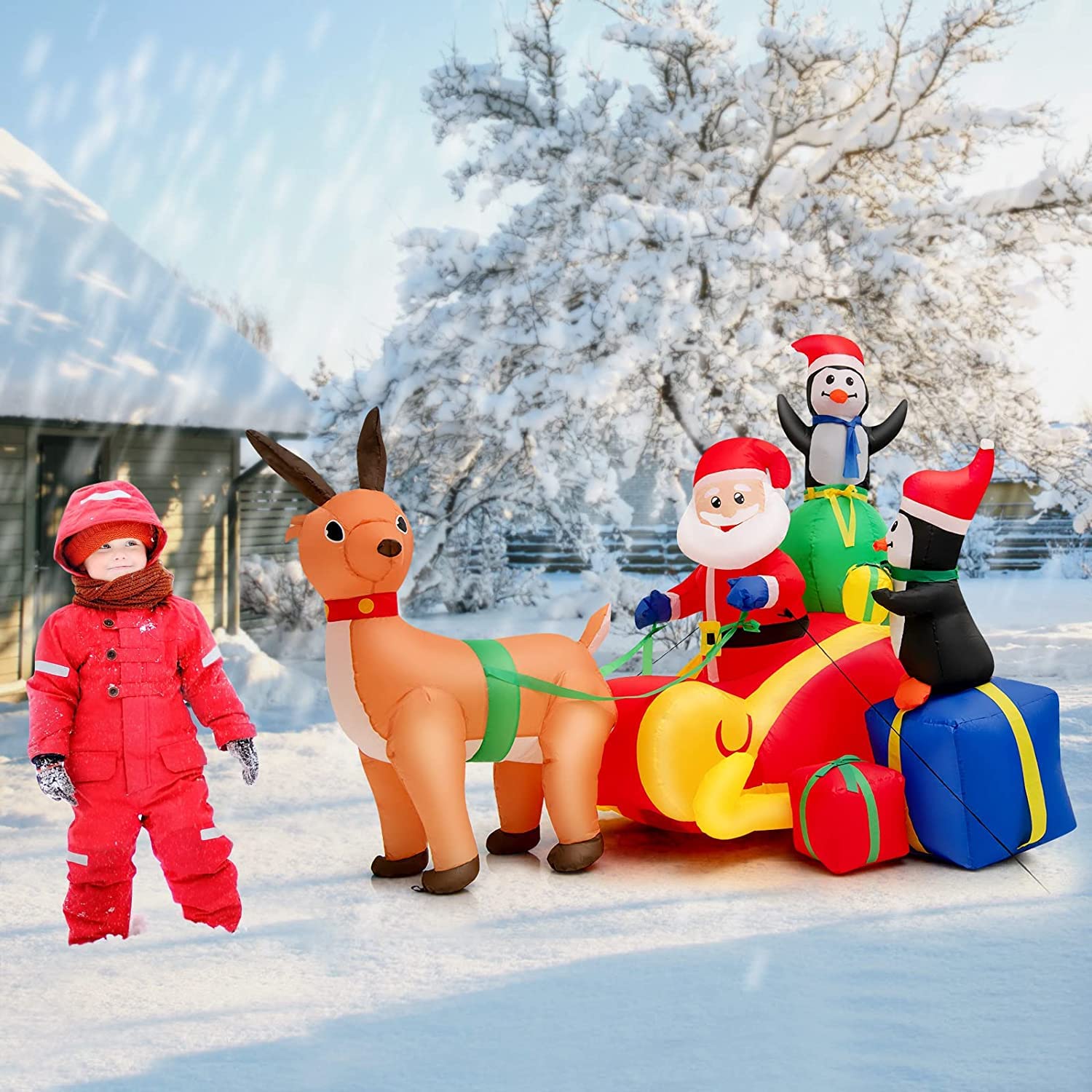 COSTWAY Aufblasbarer Weihnachtsmann mit Schlitten, LED Weihnachtsdekoration mit 2 Pinguinen, Geschenkboxen, Winterdekoration Weihnachtsbeleuchtung für Hof, Rasen, Garten, Party, Selbstaufblasend