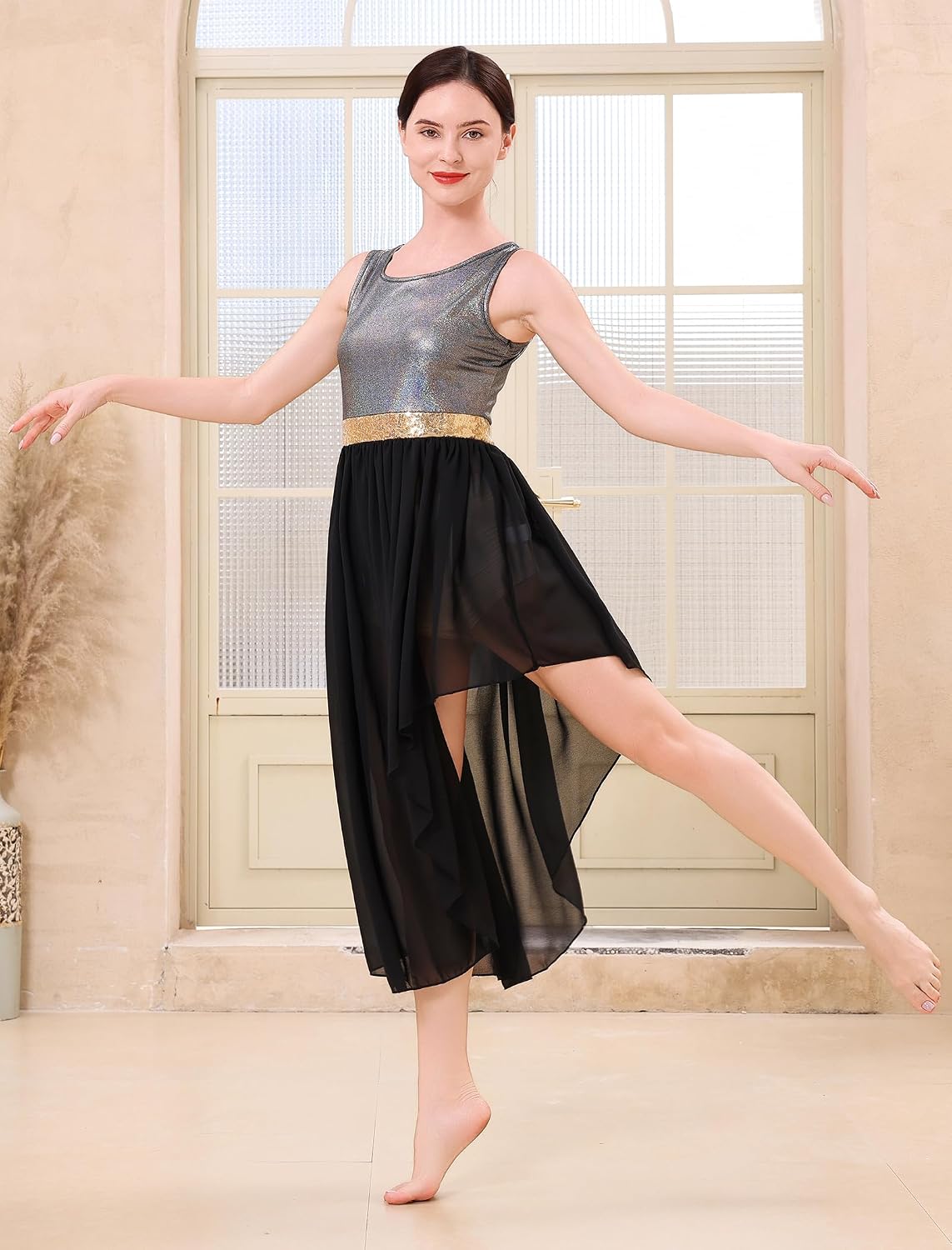 AFAVOM Women Metallic Sequin Praise Dance Dress Asymmetric Ruffle Overlay Dress Liturgical Lyrical Dancewear Worship Costume