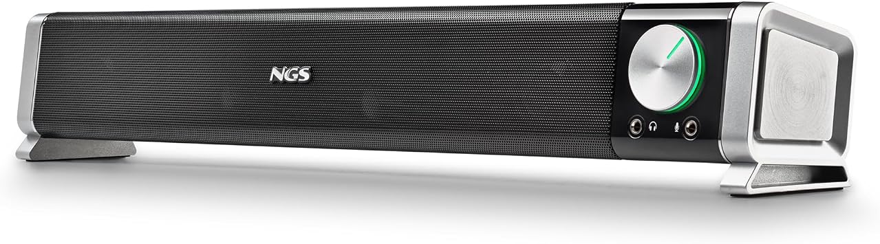NGS SB500-BT 20W Wireless Bluetooth Sound Bar for PC, TV, Smartphone or Tablet, Stereo Sound, USB Power, 3.5mm Jack, Microphone, Headphone Output, Plug & Play, Compact