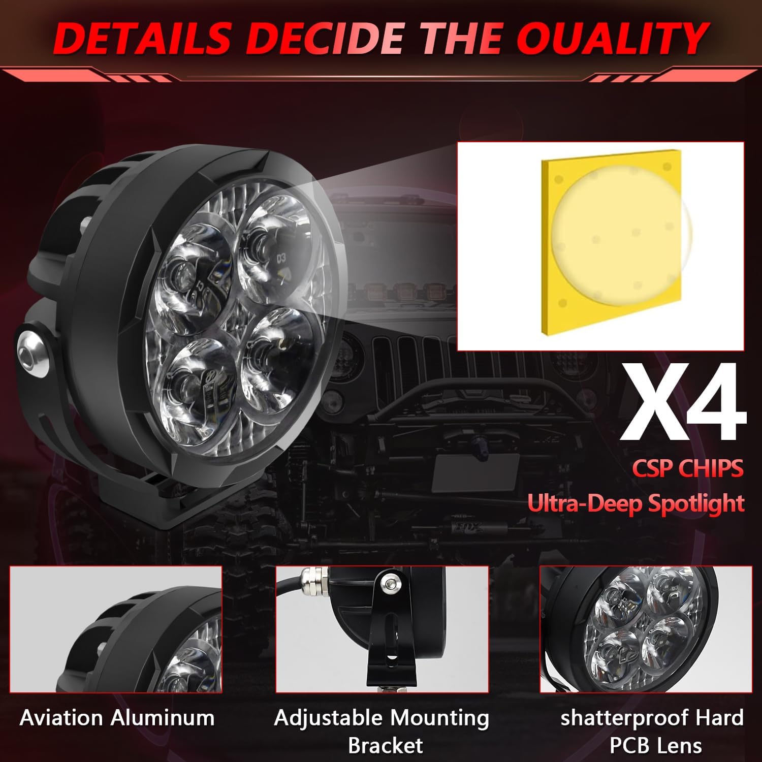 3 Inch Round Led Pods Amber Fog Light Off Road Driving Spot Offroad LED Round 80W 9600LM Ditch Light Pair for Jeep ATV Wrangler Ford Truck Pickup