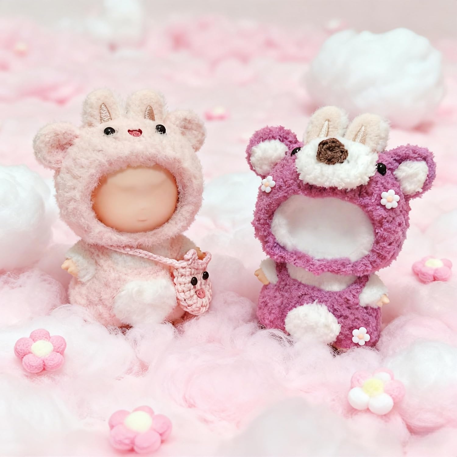 2-Pack Pink Crochet Outfits for 4th Gen Mini 10cm Dolls – Strawberry Bear & Pig Costumes Compatible with Labubu