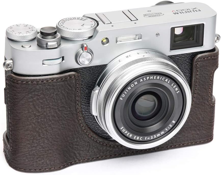Fujifilm X100V Camera Case, BolinUS Handmade Genuine Real Leather Half Camera Case Bag Cover for Fujifilm Fuji X100V Camera Bottom Opening Version + Hand Strap (Coffee)
