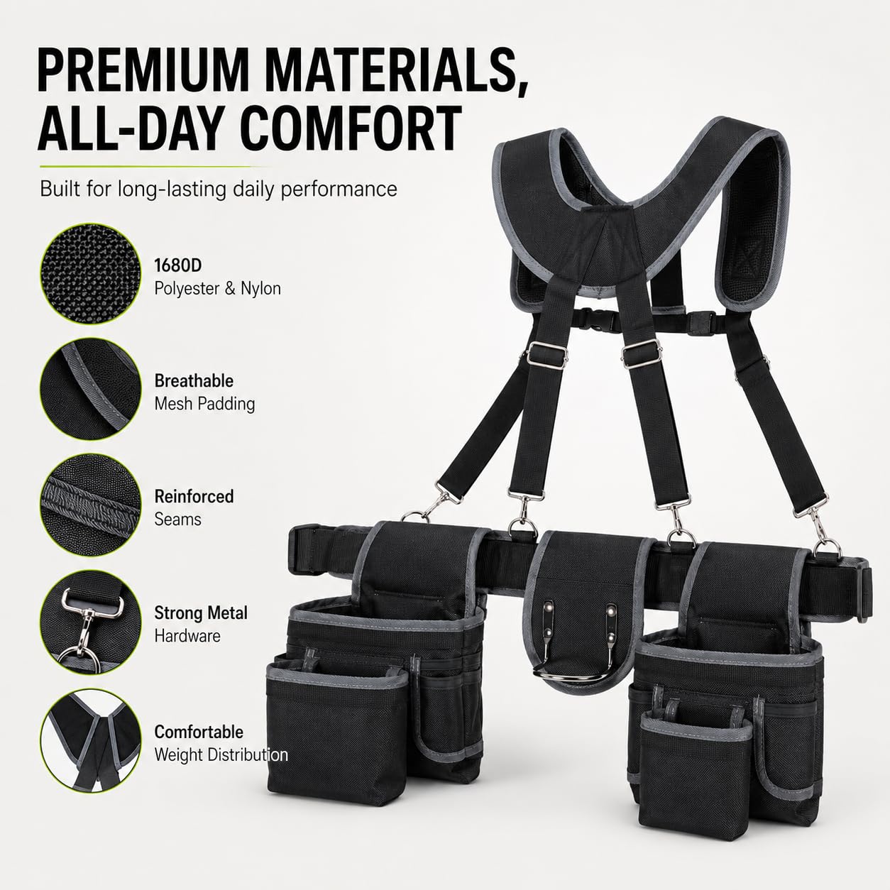 Cintura Porta Attrezzi Con Bretelle, Cintura Portautensili Combinati Borsa Attrezzi Bretelle,12 Tasche Vita Regolabile Cinghia Portautensili Per Elettricisti, Carpentieri, Giardinieri