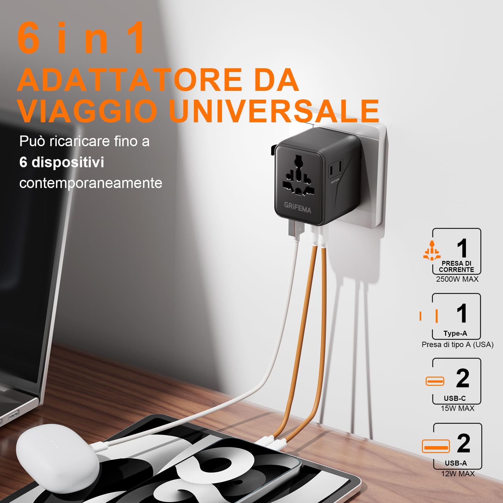 GRIFEMA Adattatore universale da viaggio 6 in 1 — immagine 3 di 11