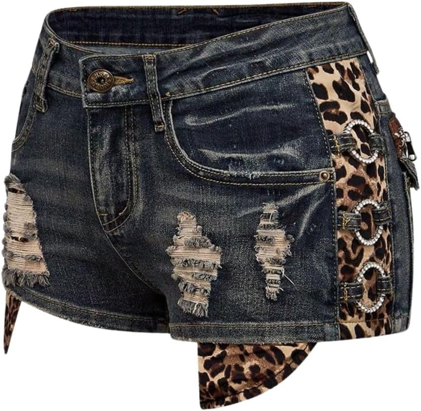 Verdusa Women's Y2K Jean Shorts Leopard Distressed Rave Club Going Out Outfits Denim Mini Shorts