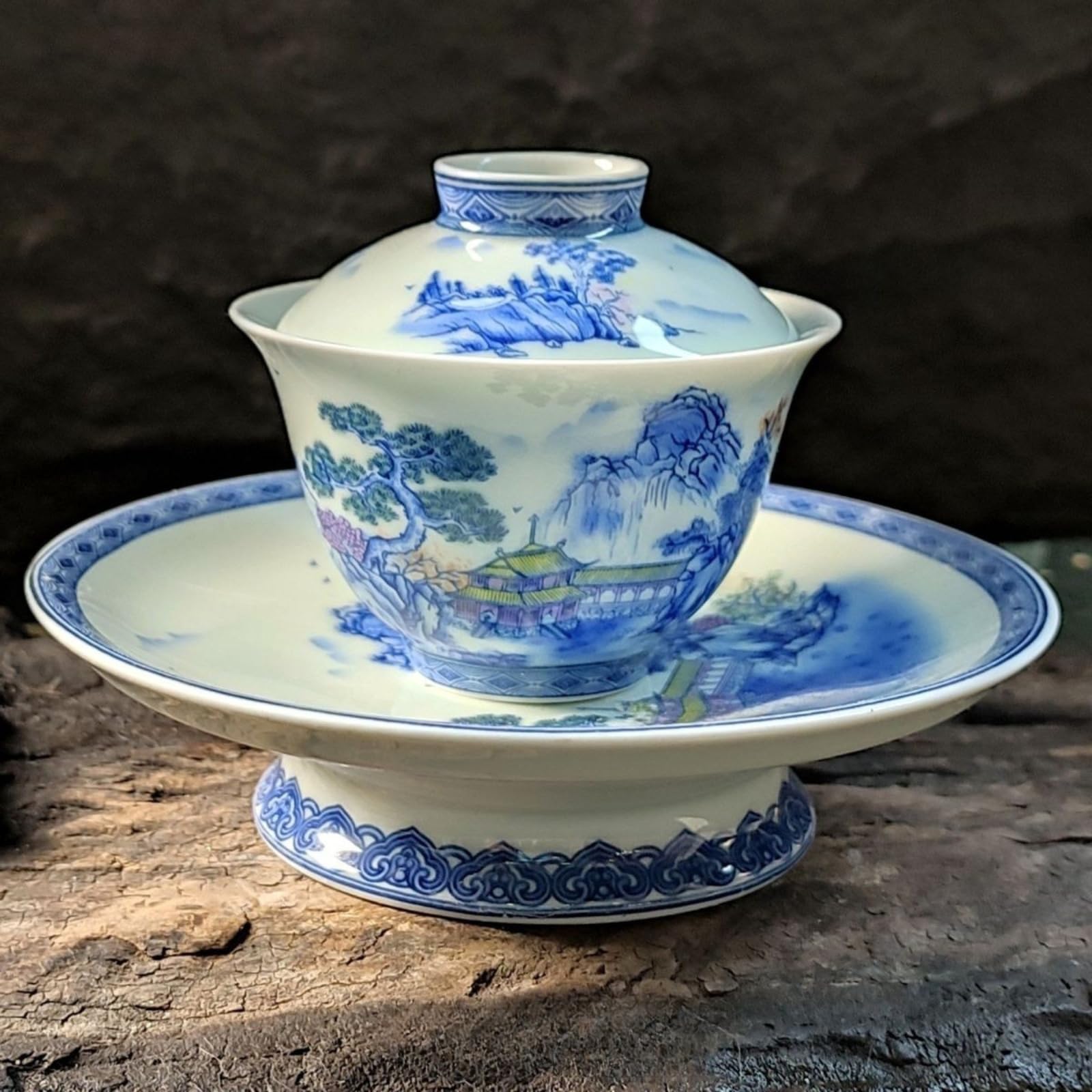 Gaiwan porcelana azul y blanca: cuenco de té Kung Fu estilo antiguo 150ml