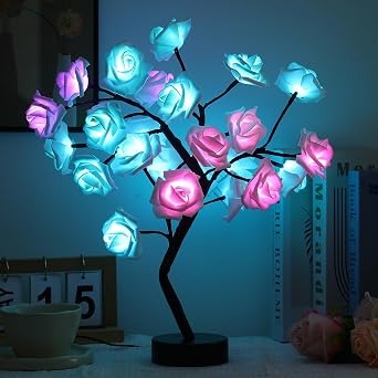 Drawelry Rose Flower Tree Lamp - LED Rose Tree Table Lamp USB/Battery Powered Artificial Bonsai Flower Night Light for Bedroom Living Room Party Wedding Valentines Mothers Day Decor (White)