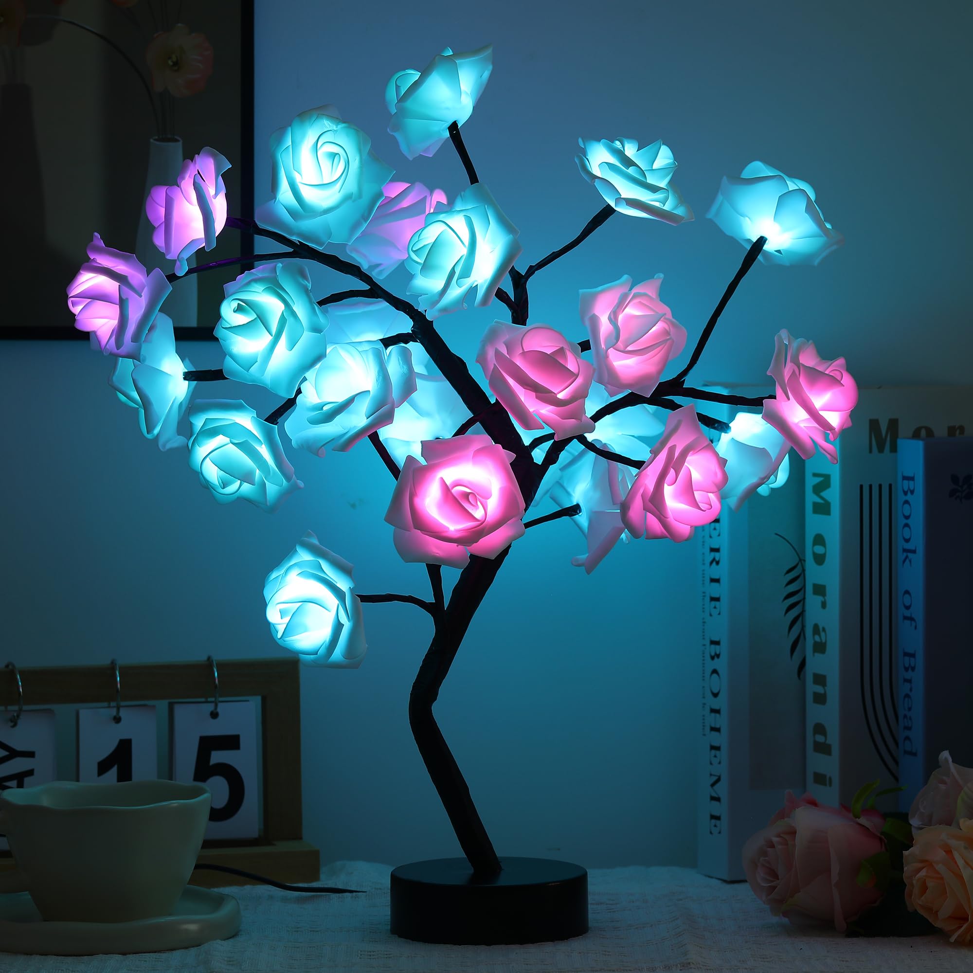 Rose Flower Tree Lamp - LED Rose Tree Table Lamp USB/Battery Powered Artificial Bonsai Flower Night Light for Bedroom Living Room Party Wedding Valentine's Mother's Day Decor (White)