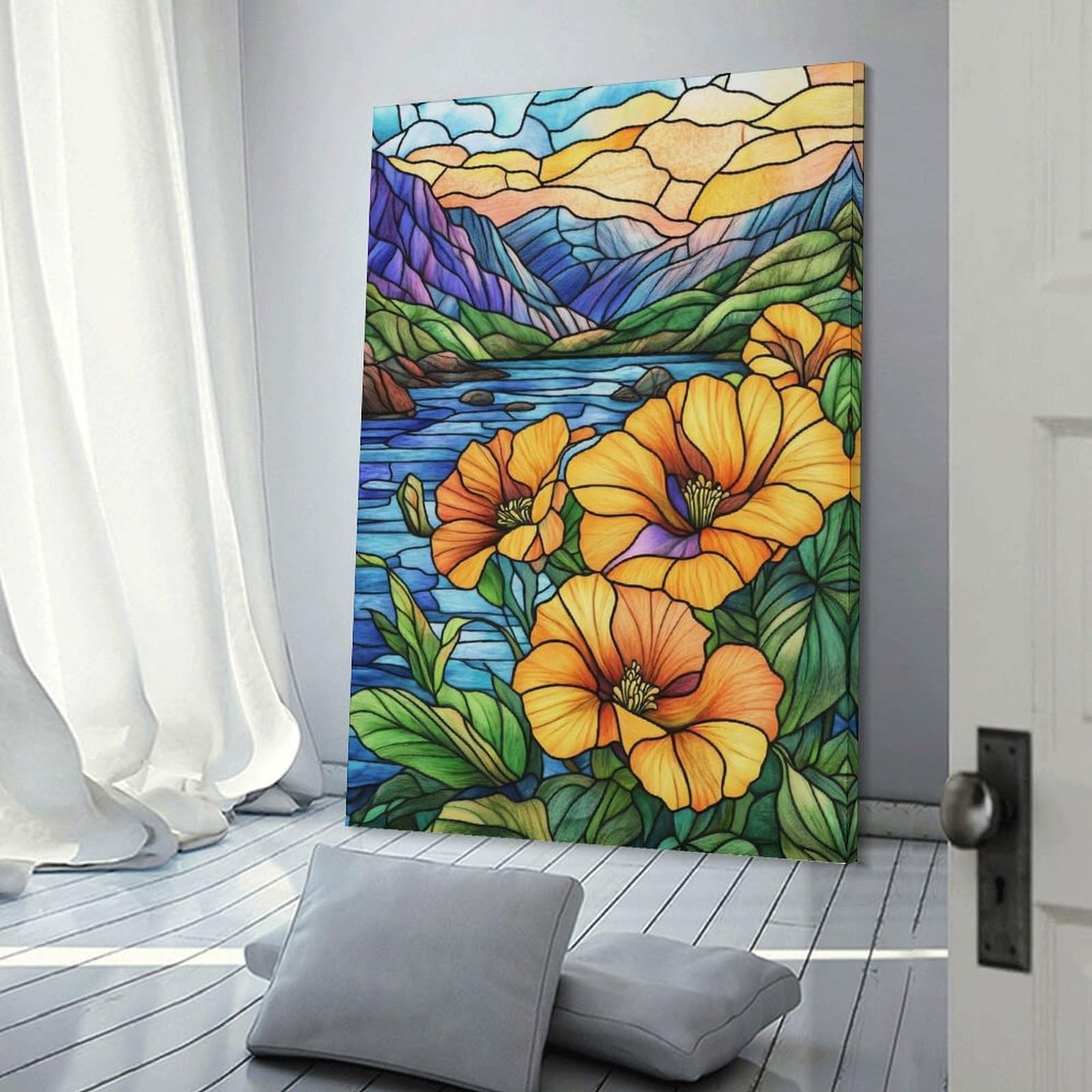 Junmoney Wall Picture Print Stained Glass Mountain Lake, 20x30inch(50x75cm), for Living Room, Lounge Or Sitting Room, Modern Wall Decor for Cosy Interiors