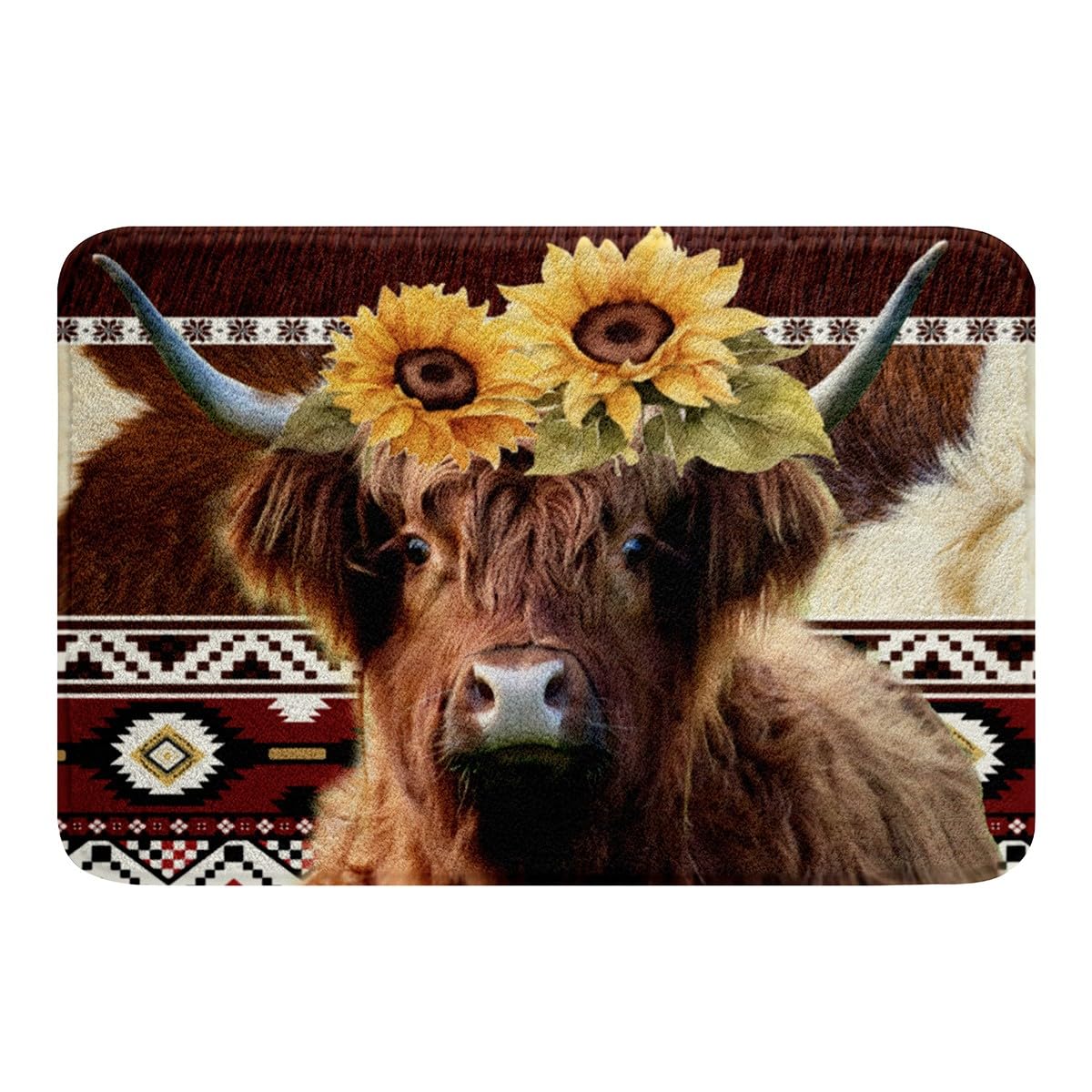 Erosebridal Highland Cow Bathroom Rugs Sunflower Rug 20"x32",Patchwork Cow Print Cowhide Floor Mats Geometric Aztec Kitchen Mat Western Decor for Home
