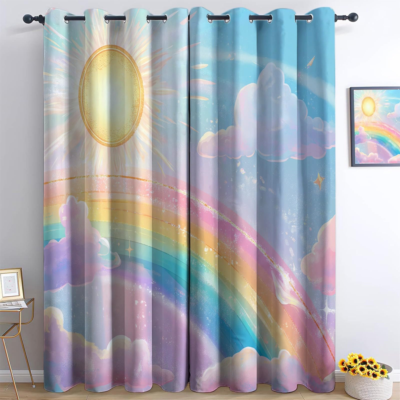 Jaune Bleu Rideau Occultant Thermique Isolant Dégradé Nuages Soleil 3D Imprimé Tenture Opaque à Oeillets Isolation Lumiere UV Decoration Chambre Salon, 91.5L X 214H cm (2 Panneaux)