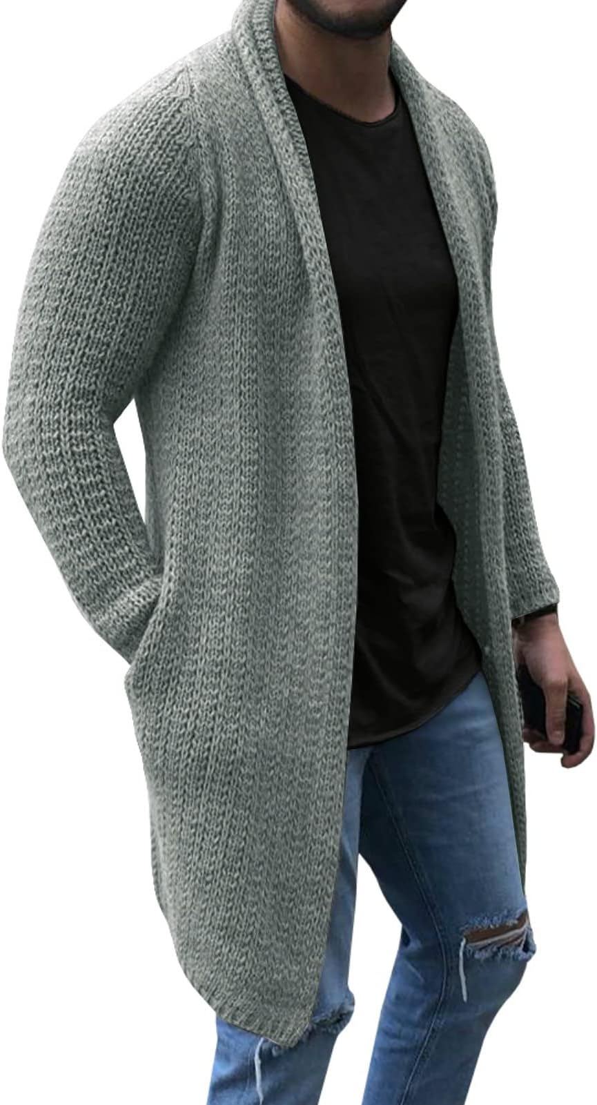 Runcati Mens Cardigan Sweater Shawl Collar Chunky Warm Open Front Long Sleeve Knit Slim Fit Sweaters with Pockets Grey