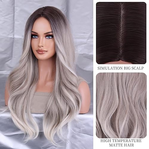 Miniatura 2 de AneShe Peluca sintética larga ondulada de 26 pulgadas con raíces oscuras, parte media, resistente al calor, para mujeres, cosplay, uso diario, fiesta