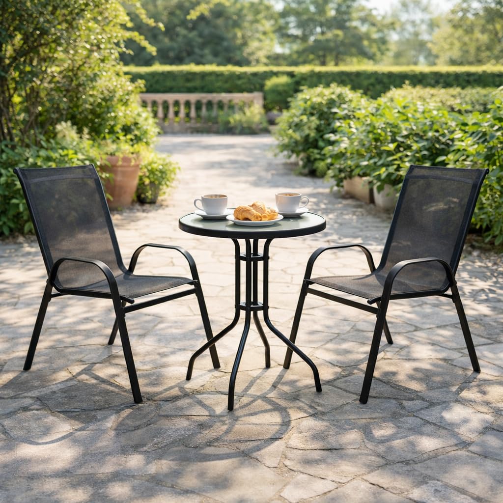 Emirates Living 3 Piece Garden Bistro Set, Patio Table and Chairs Set, Rattan Style Bistro Set with Round Table & 2 Chairs, Weather-Resistant Furniture for Balcony, Terrace & Garden- Black