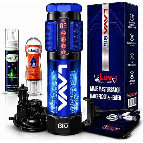 LeLuv LavaBlu Heated Male Masturbator - Automatic Penis Pump and Male Stroker with 512 Modes, Suction, Thrusting and Rotating Vibrating, Waterproof Pocket Pussy Sex Toys for Men, Hands Free Adult Toy