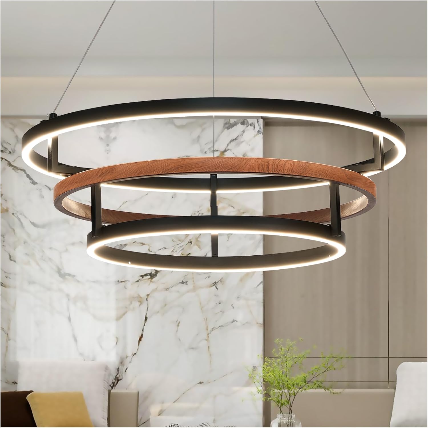 Three-Ring 24-inch Black Vintage Wood-Grain Farmhouse LED Chandelier with Remote Control and dimmable Brightness, Suitable for Dining Room, Kitchen, and Living Room. (black-24)