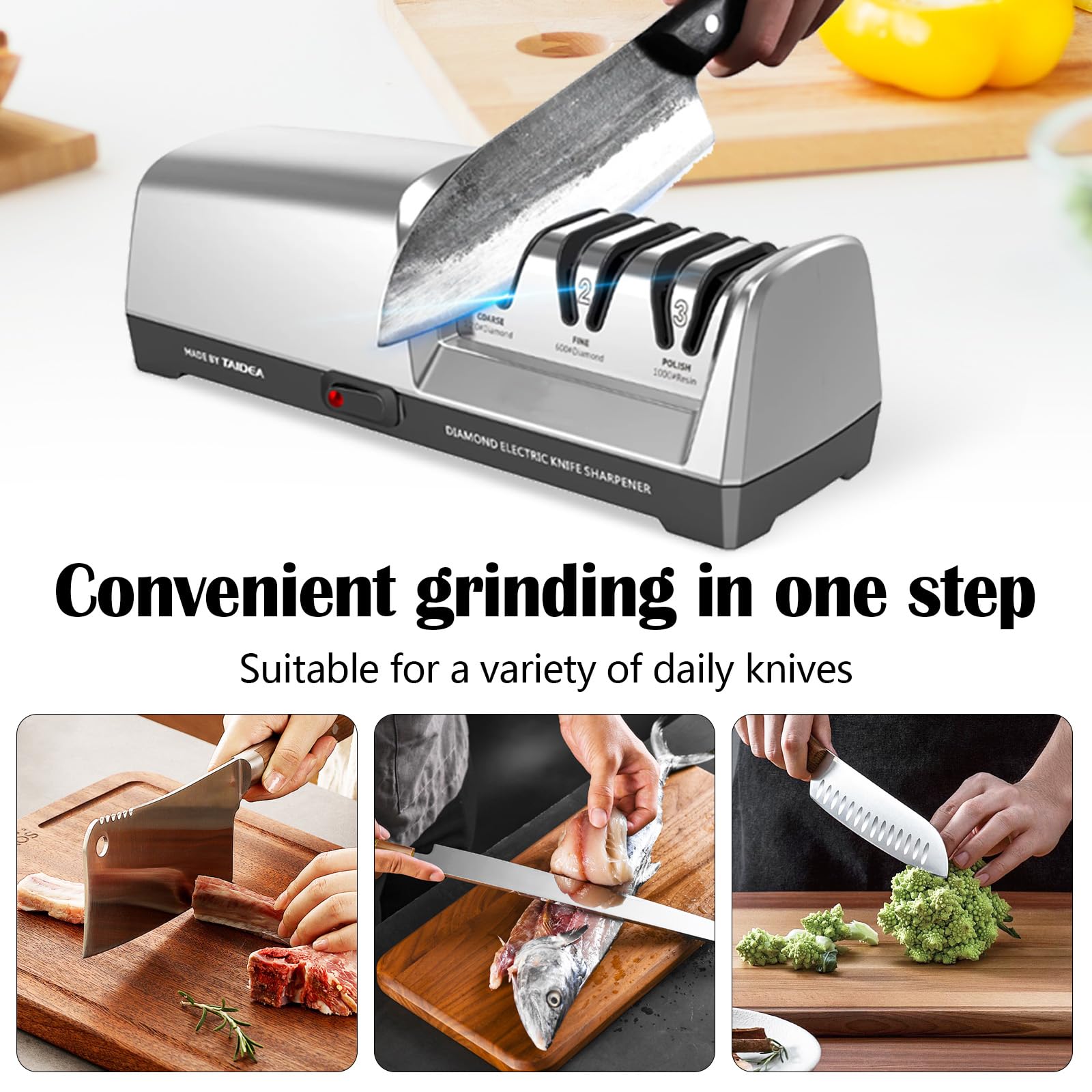 Aiguiseur de Couteaux Électrique, Affûtage des Couteaux de Cuisine à 3 Niveaux Affûteur de Couteaux Diamant Professionnel Pour Le Meulage Grossier